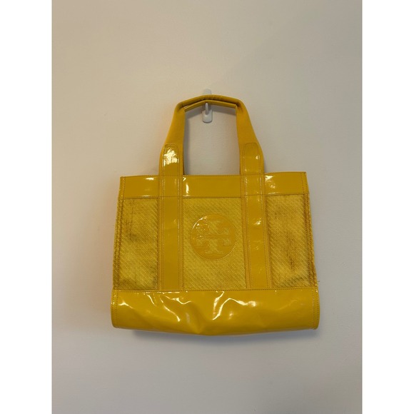 Tory Burch Handbags - Tory Burch Ella Tote Yellow Patent Leather Woven Straw Butterfly Lining Bag